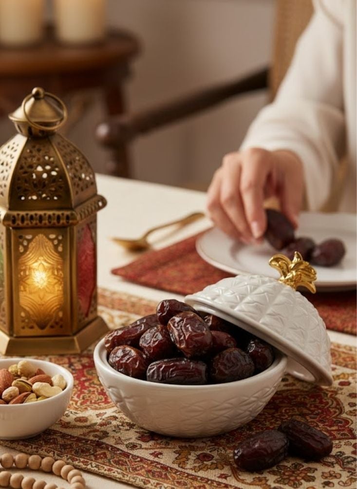 Premium White Ceramic Covered Date Bowl with Gold Pineapple Lid – 1 Pc Ramadan Serving Bowl - Image 2